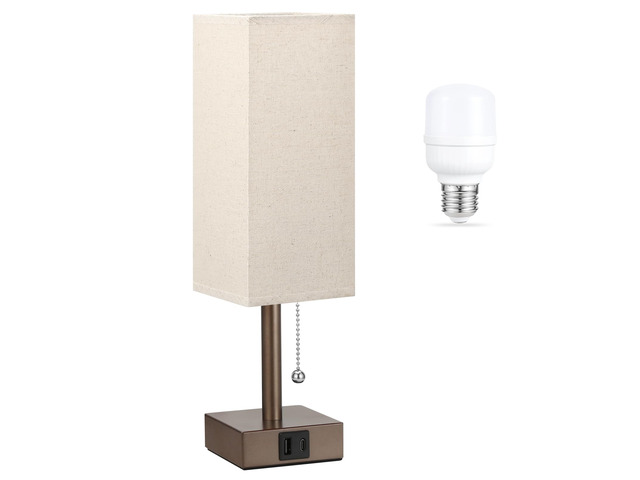 Brown Bedside Table Lamp for Bedroom - Desk Lamp For Nightstand, USB C+A Pull Chain Lamp, 3 Color Modes(3000K/4000K/5000K), E26 LED Bulb Included,...