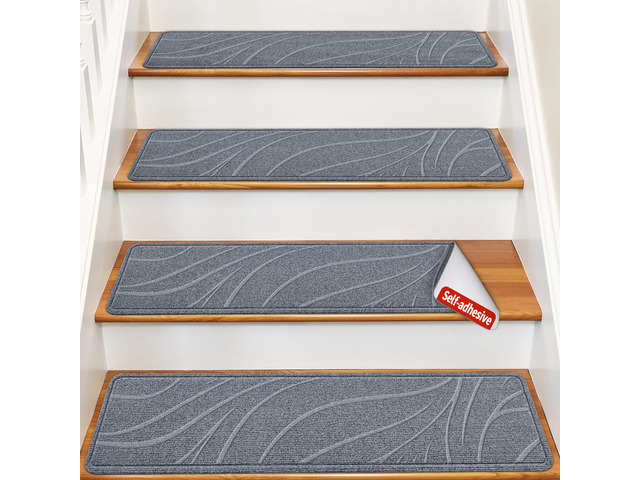Stair Treads for Wooden Steps, 7 PCS 8'x30', Grey Non-Slip TPE Backing Indoor Stair Runners, Washable & Reusable Stairs Carpet Rugs, No Residue,...