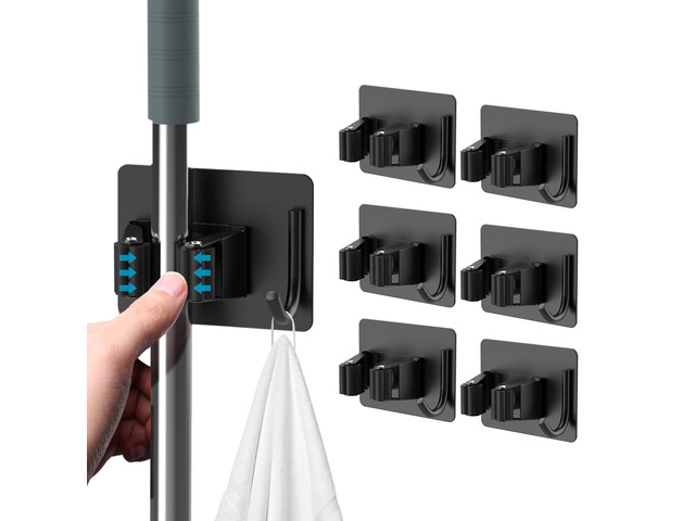 Broom Holder Wall Mount 6Pcs, Self Adhesive Mop Broom Hanger Black Self adhesive stainless steel broom organizer with 4 hooks, holds mops, brooms...