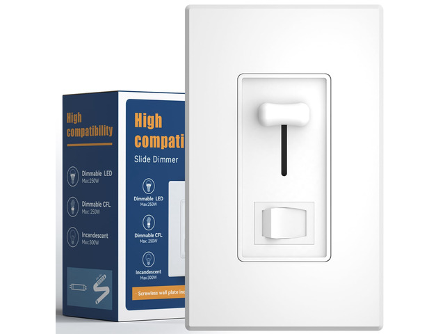 Dimmer Light Switch, Single-Pole or 3-Way Slide Dimmer Switches for Led Lights, Suitable for 250W Dimmable LED/CFL Lights and 300W...