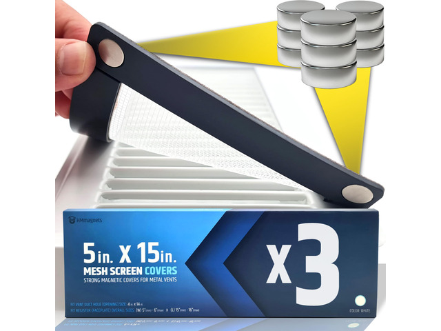 Powerful Magnetic Vent Screen Mesh Covers (3-Pack - New & Improved) - Will Never Move/Fall - for Floor, Wall & Ceiling Registers of Width 5' to 6',...
