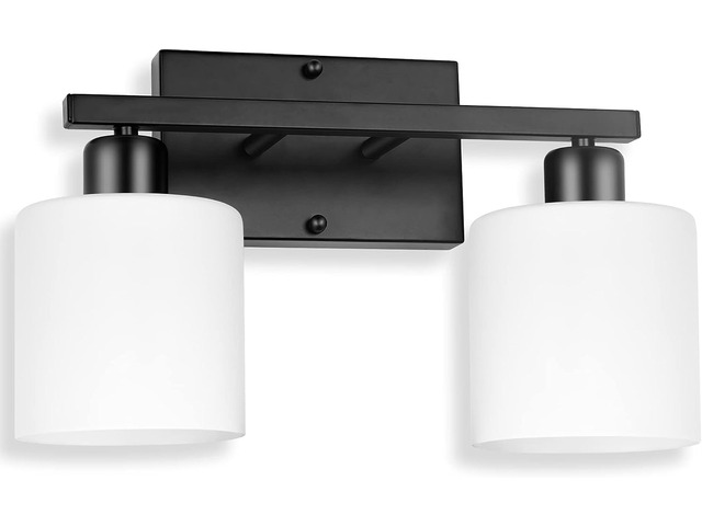 Black Bathroom Light Fixtures Over Mirror, 2-Light Vanity Lights Anti-Rust Wall Sconces 12 Inches, E26 Standard Socket, Milky White Glass Shades,...