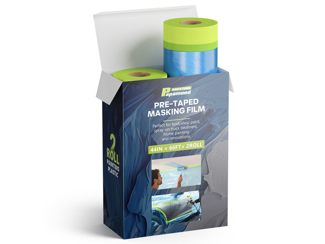 Pre-taped Automotive Masking Film for Painting - 44' x 66', 2 Rolls Painters Plastic Sheeting Roll Masking Tape and Drape, Paint Supplies for Cars...