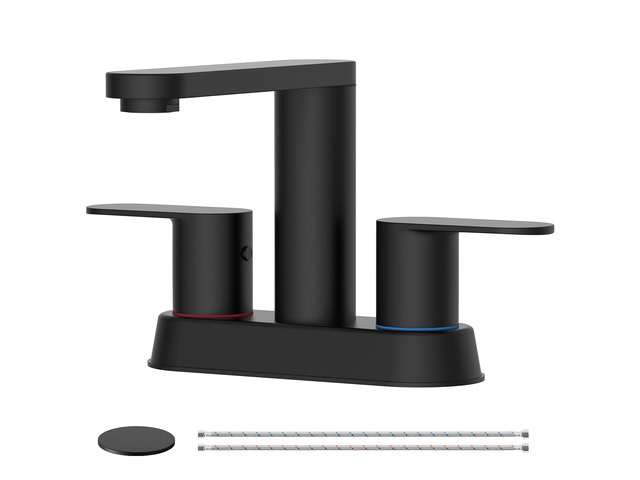 Matte Black Bathroom Faucets 4 Inch Centerset Faucet for Bathroom Sink 2 or 3 Hole Basin 2-Handle 360° Swivel Spout Bathroom Sink Faucet with Pop...