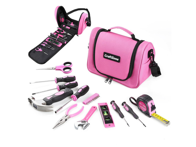 Pink Tool Set Tool Bag for Women with Shoulder Strap Basic Tool Kit 21Pcs Tool Pouch with Zipper Portable Tool Bag with Tools for...