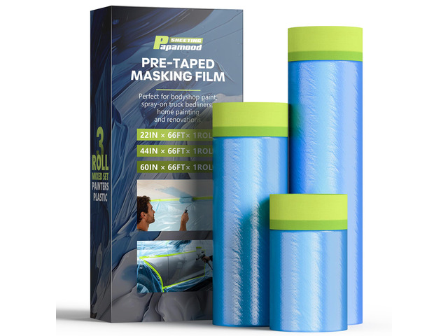 Pre-taped Automotive Masking Film for Painting - 3 Rolls Mixed Size Painters Plastic Sheeting Roll Masking Tape and Drape, Paint Supplies for Cars...