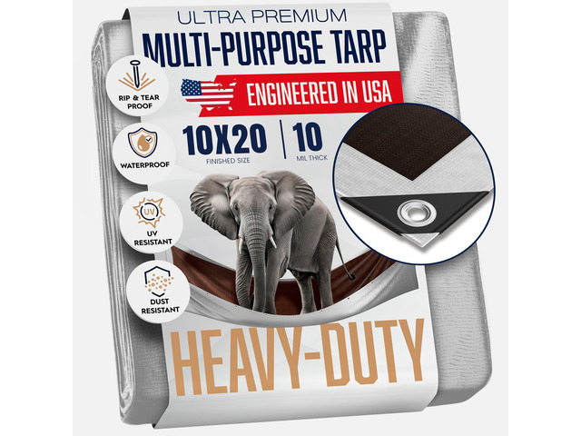 10x20 Heavy Duty Tarp, 10 Mil Thick, Waterproof, Tear & Fade Resistant, High Durability, UV Treated, Grommets Every 18 Inches. (Silver/Brown -...