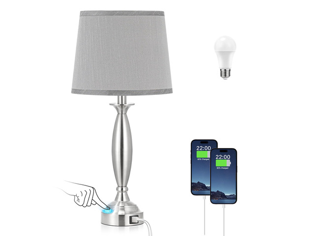 Bedroom Lamps for Nightstand, 3 Way Dimmable Silver Bedside Lamps with USB Touch, USB C+A Ports, Bulb Included, Single, Gray Shade, Silver, Chrome,...