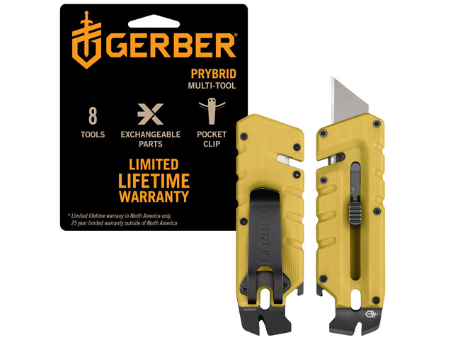 Prybrid EDC Pocket Knife Multitool 8-in-1 Box Cutter, Mustard Retractable utility box cutter blade, built-in pry bar, compact EDC multitool,...