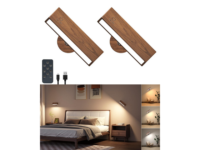 Wooden Wall Sconce Battery Operated with Remote,Rechargeable Wall Lights for Bedroom with 3 Color Temperature, Magnetic, Stick-On, Dimmable Wall...