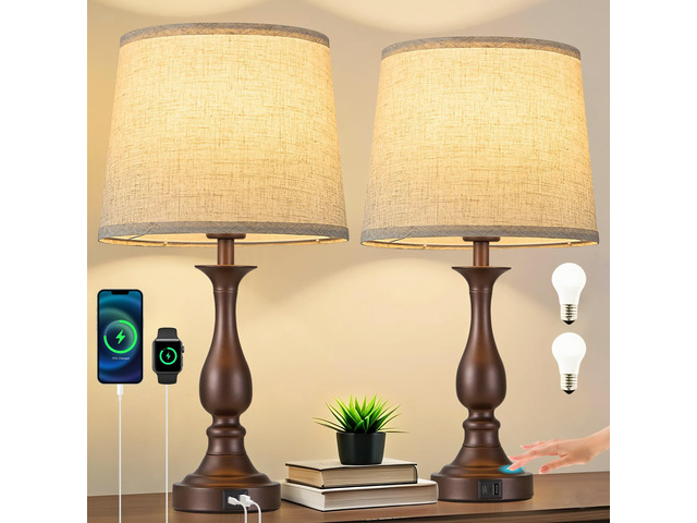 Bedside Table Lamp Touch Control Bedroom Lamps with USB A + C Charging Port 3 Way Dimmable Touch Lamps for Nightstand Living Room Bedroom Dorm Home...