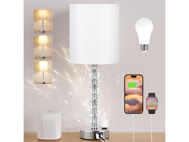 Touch Bedside Crystal Lamps for Bedrooms Nightstand with USB C+A Charging Port and AC Outlet White, 3 Way Dimmable Silver Large End Side Table Lamp...