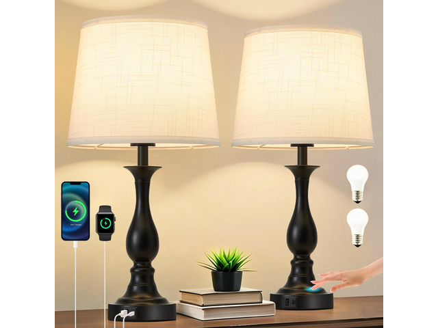 Bedside Table Lamp Touch Control Bedroom Lamps with USB A + C Charging Port 3 Way Dimmable Touch Lamps for Nightstand Living Room Bedroom Dorm Home...