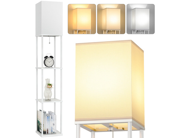 Floor Lamp with Shelves, 3-Tier Modern Square Bookshelf Standing Lamp White 3 Color Temperature Bulb Included, Pull Chain Tall Lamp for Living Room...