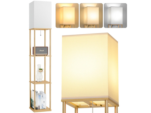 Floor Lamp with Shelves, 3-Tier Modern Square Bookshelf Standing Lamp Wood 3 Color Temperature Bulb Included, Pull Chain Tall Lamp for Living Room...