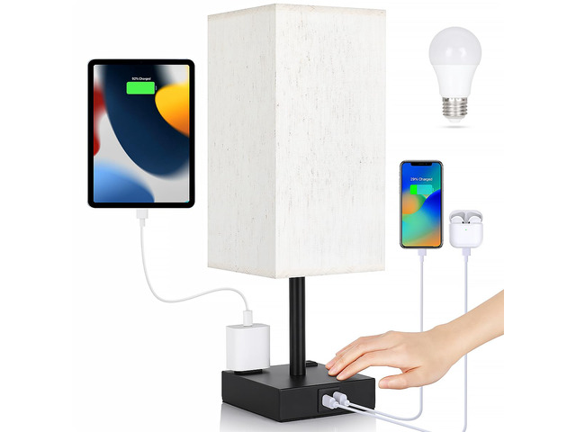 Bedside Table Lamp for Bedroom - Touch Small Lamp with USB C+A Charging Ports & AC Outlets, 3 Way Dimmable Nightstand Light for Living Room (LED...