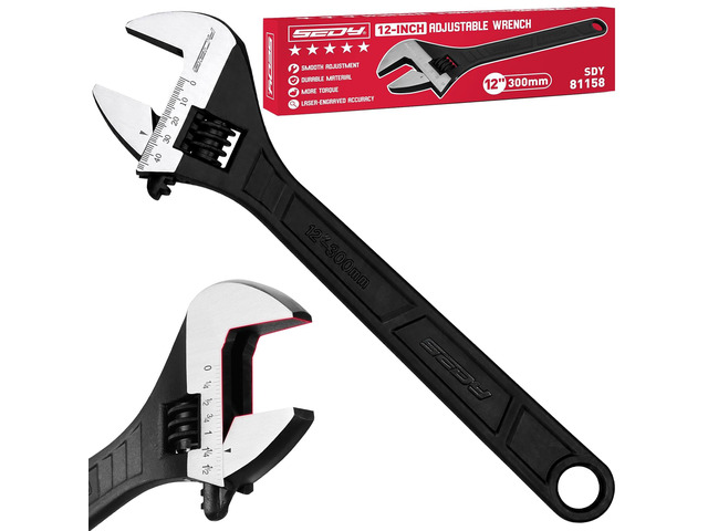 12-Inch Adjustable Wrench, Black Oxide Finish Wide Jaw Spanner with Inch/Metric Scale, Premium Drop Forged Steel for Automotive Plumbing and...