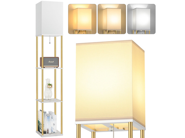 Floor Lamp with Shelves, 3-Tier Square Bookshelf Standing Lamp White & Gold 3 Color Temperature Bulb Included, Pull Chain Mid Century Tall Lamp for...