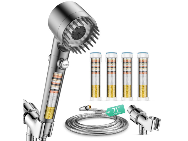 Filtered Shower Head with Handheld 4PCS Filters ShowerHead 4 Spray, High Pressure Shower Heads with ON/OFF Button, Water Softener for Hard Water,...