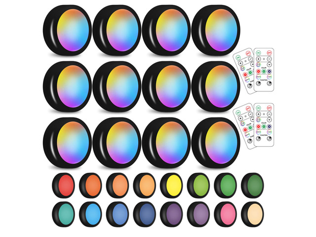 Wireless 16 Color Changing LED Puck Light 12 Pack LED Under Cabinet Lighting Closet Light Battery Powered Night Lights with Remote Control Dimmer &...