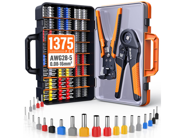 Ferrule Crimping Tool Kit - AWG 28-5 (0.08-16mm²) Self-Adjustable Ratchet Ferrule Crimper with Automatic Wire Stripper and 1375Pcs Single & Twin...