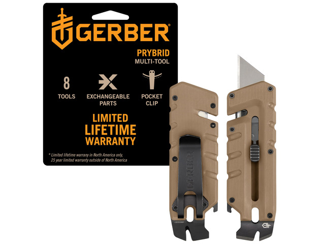 Prybrid EDC Pocket Knife Multitool 8-in-1 Box Cutter, Coyote Brown Retractable utility box cutter blade, built-in pry bar, compact EDC multitool,...