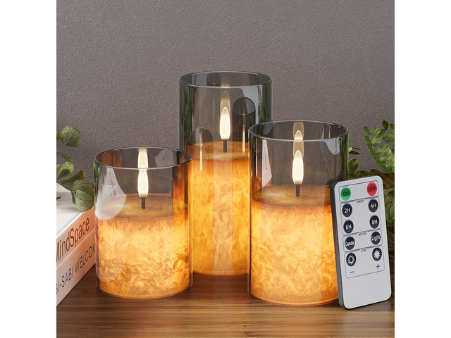 Battery Operated Flameless Candles with Remote & Timer, Grey Glass 3Pack Real Wax Crystal Texture, D3×H4/5/6', 2/4/6/8H Timer, Dimming, Flickering...