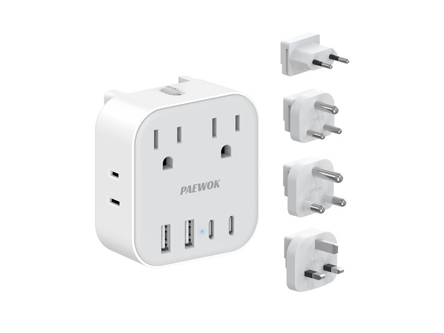 European Travel Plug Adapter Set, 8-in-1 Travel Adapter with 4 Outlets Universal Travel Adapter, Type C/G/D/M Detachable Plugs, 4 USB Ports (2 USB...