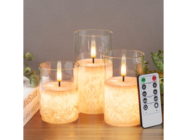 Ice Crystal Real Wax Glass Flameless Candles with Remote & Timer, Battery Operated Candles with Warm Flickering Flame, Realistic LED Candle for...