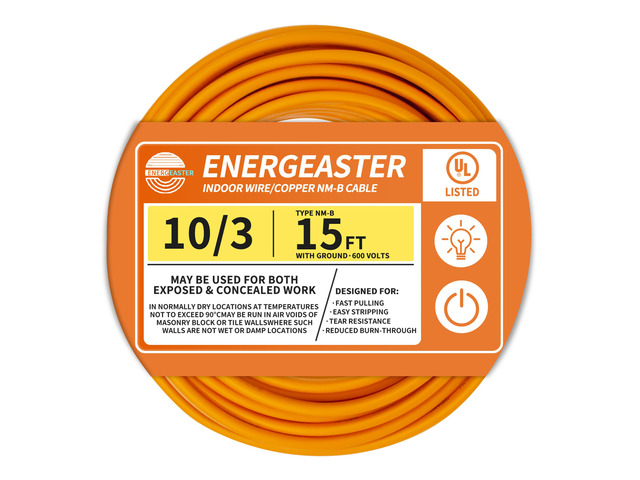 Solid Indoor 10/3 NM-B Copper Cable with Ground 15FT, Orange 15FT NMB Cable 10 Gauge Wire 3 Conductors 600V Bare Copper Non-Metallic Sheathed Solid...