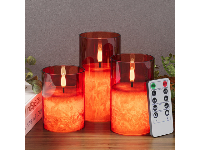 Battery Operated Flameless Candles with Remote & Timer, Red Glass 3Pack Real Wax Crystal Texture, D3Ã—H4/5/6', 2/4/6/8H Timer, Dimming, Flickering...
