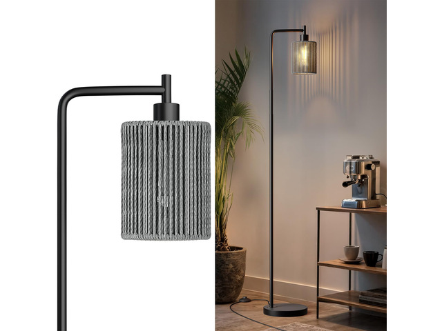 66' Black Floor Lamp for Living Room, Boho Floor Lamp with LED Bulb, Foot Switch, Gray Rattan Shade, Industrial Tall Farmhouse Standing Lamp for...