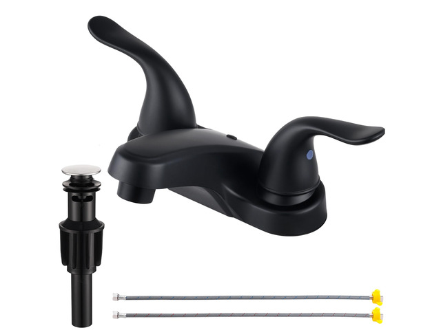Bathroom Sink Faucets 2/3 Hole,Matte Black Dual Handles 4 inch Plastic Plating Over Bathroom Faucet with Pop-up Drain and 2 Supply Hoses for...