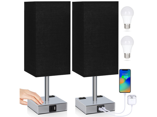 Set of 2 Bedside Table Lamp 3 Way Dimmable Nightstand Lamp with USB C & USB A Charging Port, 2 AC Outlets, 3000K LED Bulbs (Black)