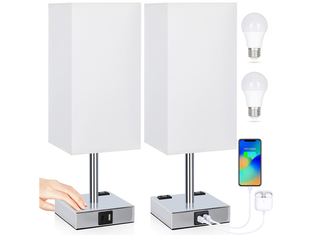 Set of 2 Bedside Table Lamp 3 Way Dimmable Nightstand Lamp with USB C & USB A Charging Port, 2 AC Outlets, 3000K LED Bulbs (White)