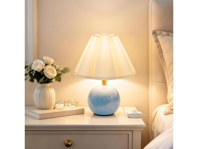 Small Bedside Table Lamp, 11.8'' Ceramic Stepless Dimmable Lamp (Blue) with scalloped fabric shade for nightstand & living room. Perfect for quiet...