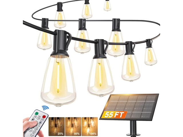 55FT Solar String Lights, Outdoor with Remote 24+2 ST38 LED Waterproof Remote Control Solar Lights Porch Garden Market Bistro Patio Backyard Fence