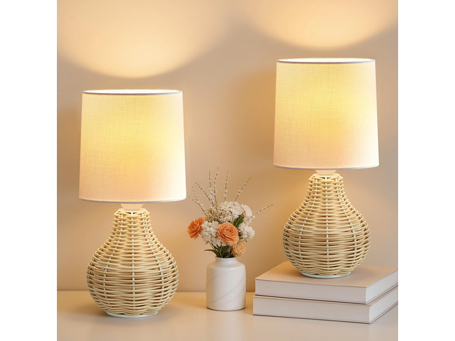 Rattan Table Lamp Boho Lamps Set of 2-12.5' Mini Farmhouse Wicker Light Rustic End Table Decorative Small Lamps for Small Spaces Bedroom Nightstand...