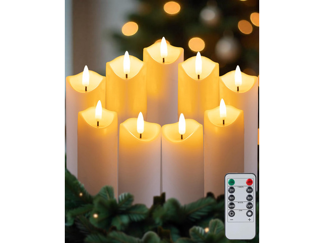 9-Pack Flickering Flameless Candles with Remote Timer, LED, Real Wax 2' Diameter White Pillar Candles, Fake Candles, Battery Operated Candles for...