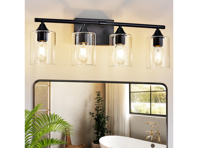 4-Light Bathroom Light Fixtures,Black Bathroom Vanity Light,Bathroom Lights Over Mirror with Clear Glass Shade,Modern Sconce Wall Lighting for...