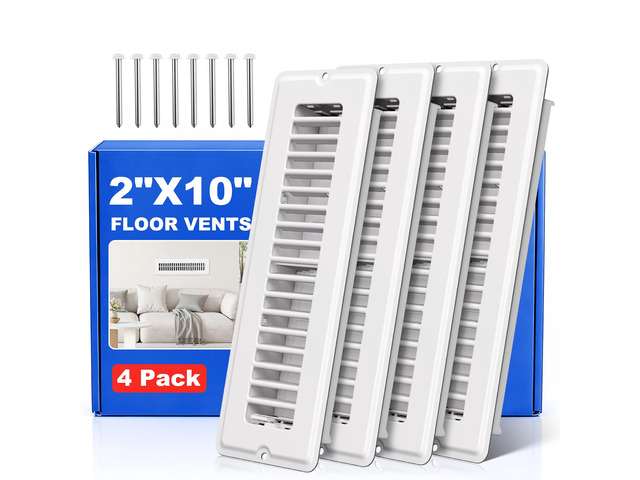 Floor Register 2x10, 4 Pack White Vent Covers for Home Floor or Wall 8 Screws for Quick-Fit, Heavy Duty Walkable Metal Floor Vents, Air Supply...
