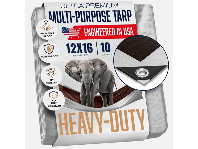 12x16 Heavy Duty Tarp, 10 Mil Thick, High Durability, Tear & Fade Resistant, UV Treated, Grommets Every 18 Inches (12' x '16')
