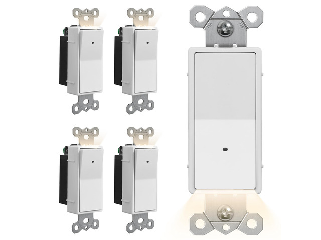 Illuminated Guide Light Switch for Hallway, Bedroom, Bathroom, 5 Pack Single Pole Decor Paddle Rocker Wall Switch, Dusk to Dawn On/Off Light...