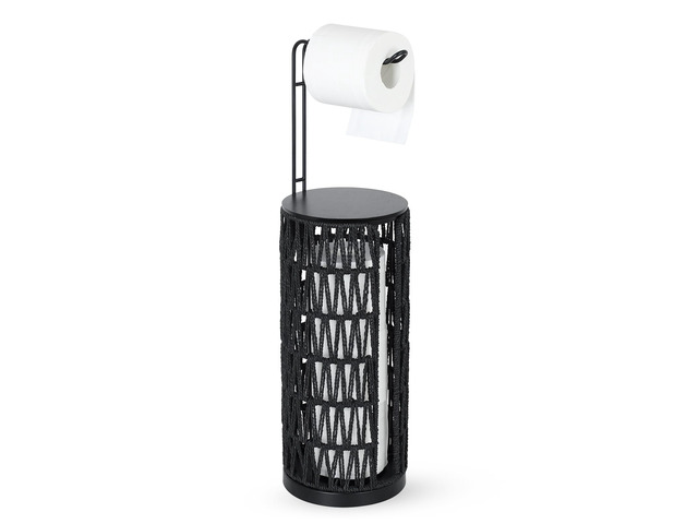 Black Freestanding Toilet Paper Holder with Storage,3 Rolls of Tissue Holder for Bathroom,Handmade Woven Toilet Paper Roll Holder Stand,Rattan...