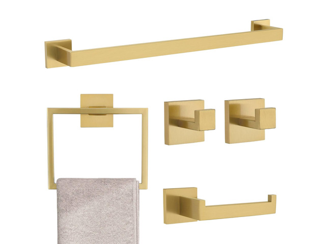 Brushed Gold 5 Pieces Bathroom Hardware Accessories Set Towel Bar Set Towel Holder Racks Set for Bathroom,SUS304 Stainless Steel,Wall Mounted...