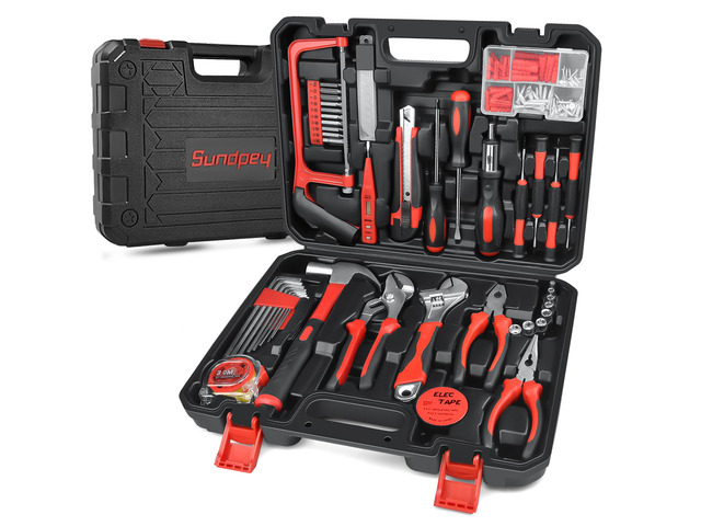 148 Pcs Portable Basic Hand Repair Home Tool Kit Set with Case Red with Ratchet Screwdriver & Adjustable Wrench & Water Pump Pliers, for Men Women,...