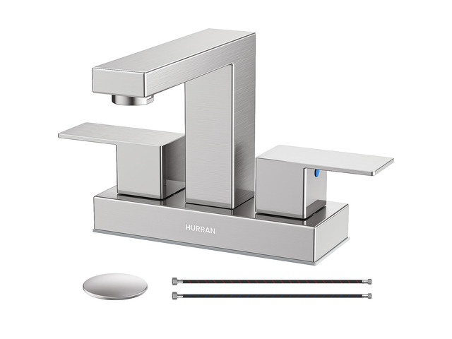 Bathroom Sink Faucet, 4 inch Brushed Nickel Faucet Stainless Steel Bathroom Faucets for Sink 3 Hole with Pop-up Drain and Supply Lines, 2-Handle...