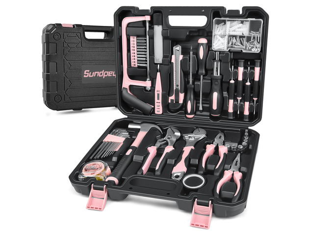 148 Pcs Portable Basic Hand Repair Home Tool Kit Set with Case Pink with Ratchet Screwdriver & Adjustable Wrench & Water Pump Pliers, Women Tool...