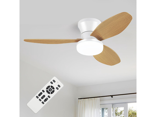 Small White & Wood Ceiling Fan with Light - 35 Inch Flush Mount Ceiling Fan with Lights and Remote, Low Profile Ceiling Fans with 3 Reversible...