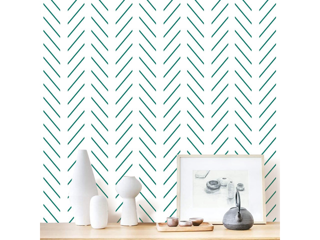 Peel and Stick Wallpaper Green Herringbone Wallpaper for Bathroom 17.7in x 393.7in Modern Geometric Removable Contact Paper Green and White Line...